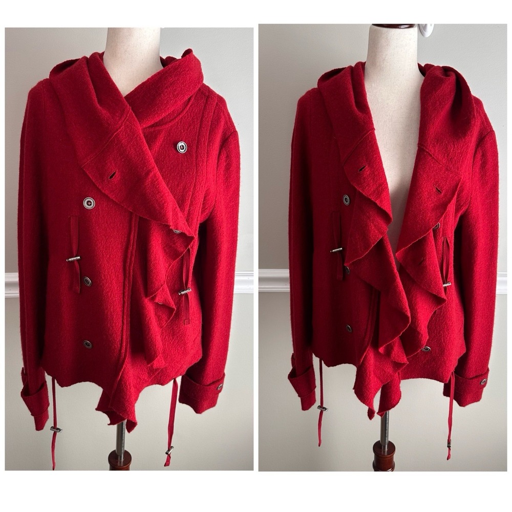Free People Boiled Wool Ruffle Hooded Jacket L Red Military Steampunk Fall Cozy